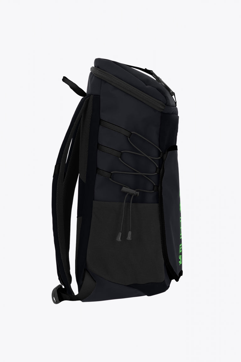  Pro Tour padel backpack in black with logo in green. Side view