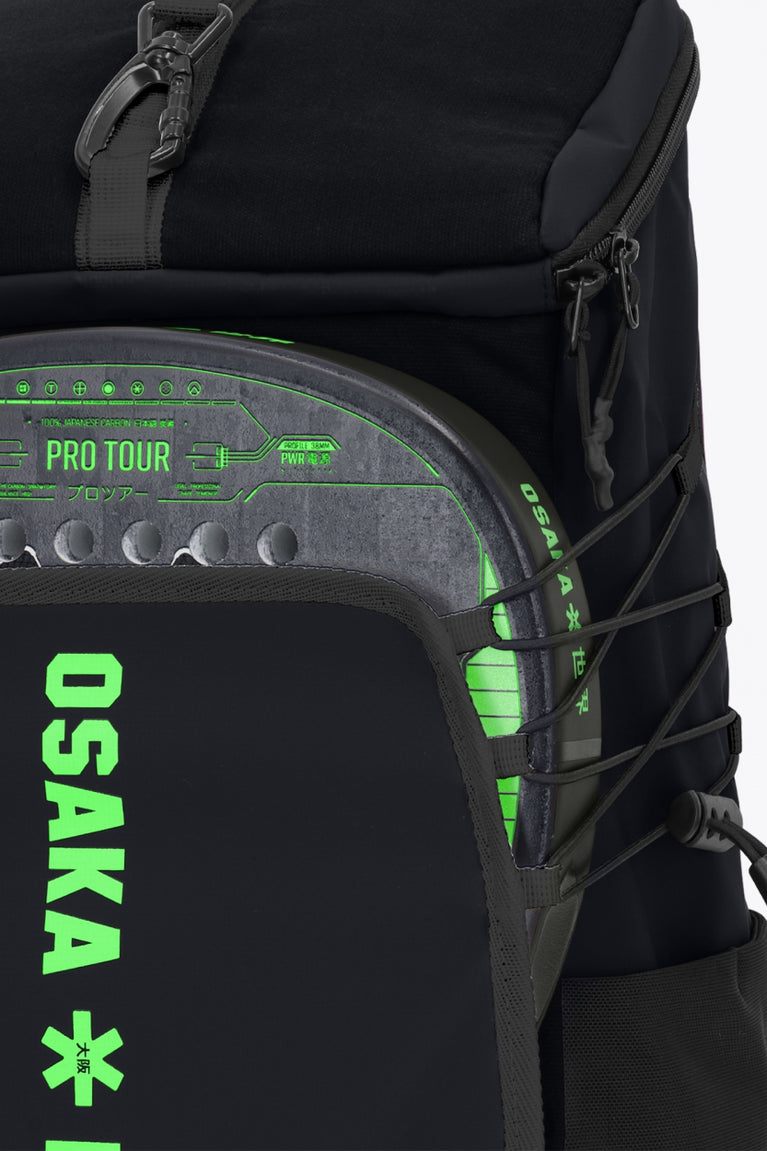  Pro Tour padel backpack in black with logo in green. Detail racket holder view