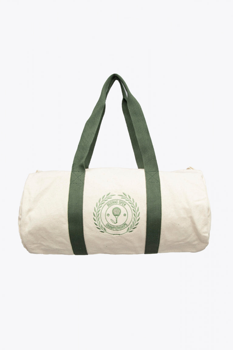 Osaka X Buenas Open duffel bag in cream with logo in green. Front view
