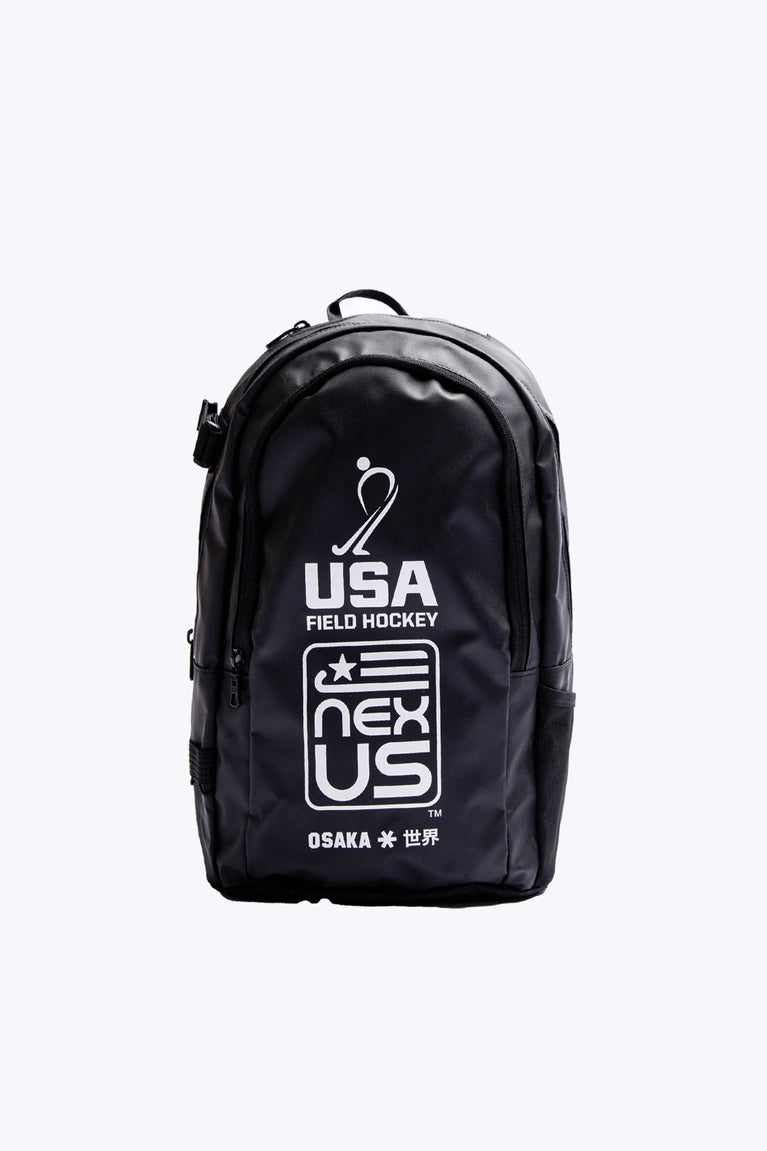 Osaka x Nexus backpack medium in black with white Osaka and Nexus logo on it. Front view