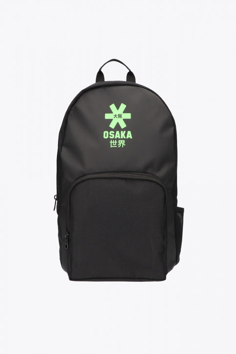 Osaka sports backpack in black with logo in green. Front view