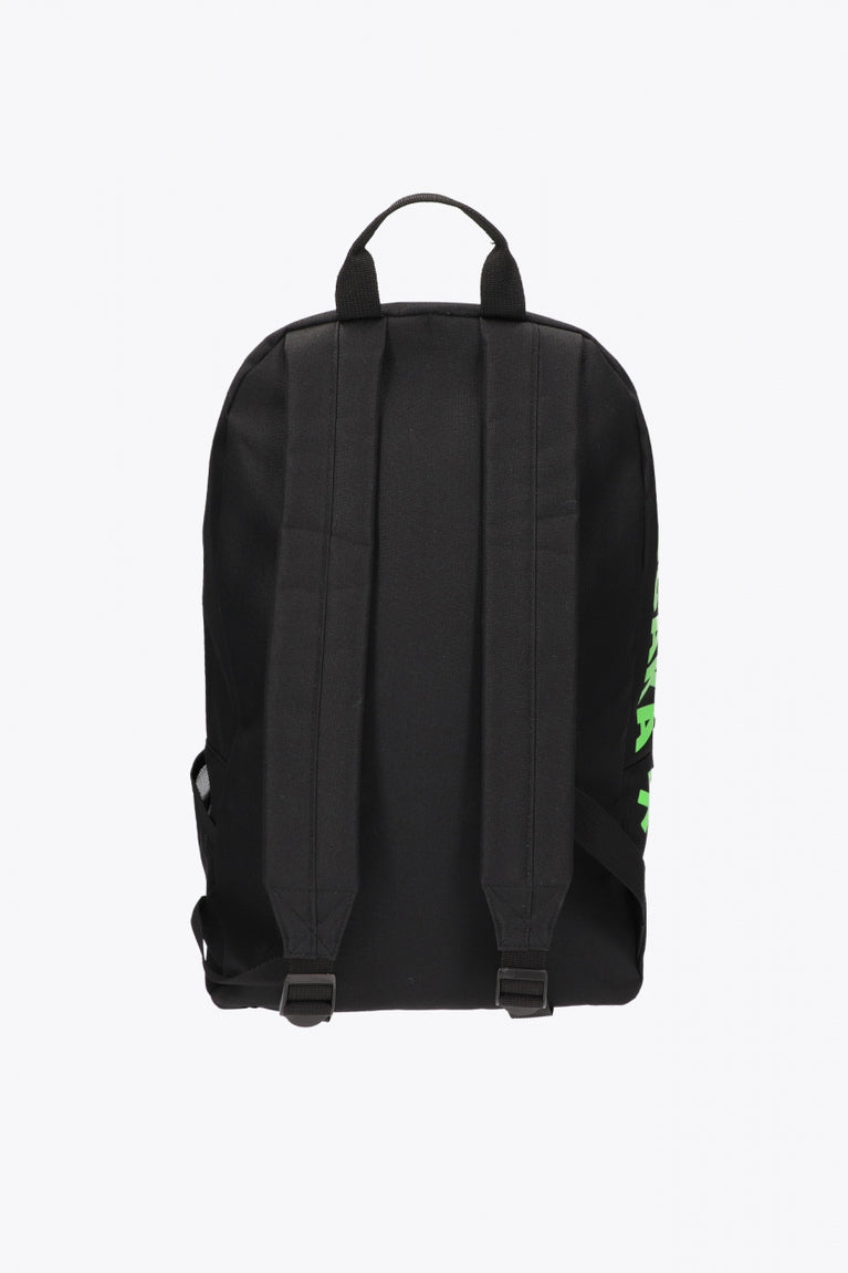 Osaka sports backpack in black with logo in green. Back view