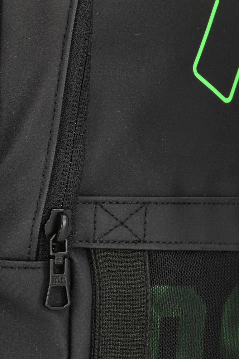 Osaka Pro Tour backpack medium in black with logo in neon green. Front detail zipper view