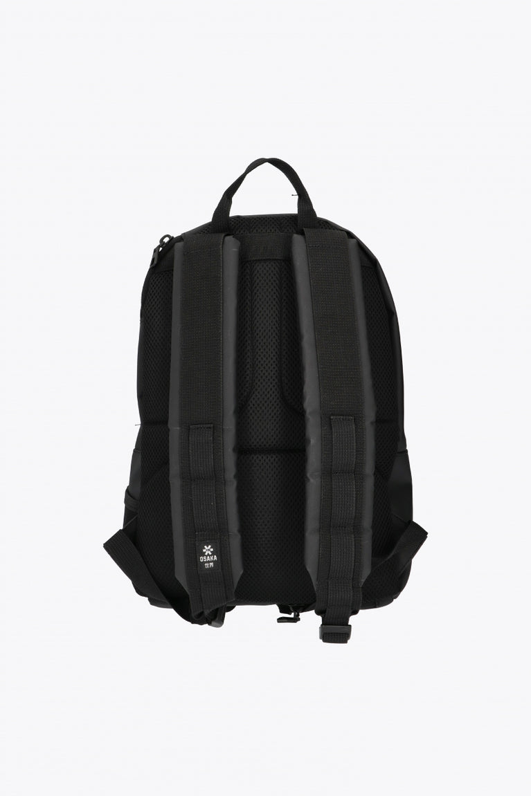 Osaka pro tour compact backpack in black with logo in green. Back view