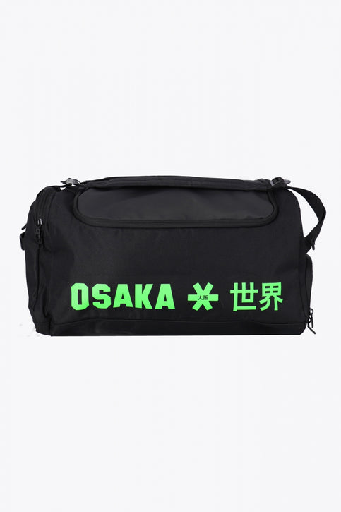 Osaka sports duffel bag in black with logo in green. Front view