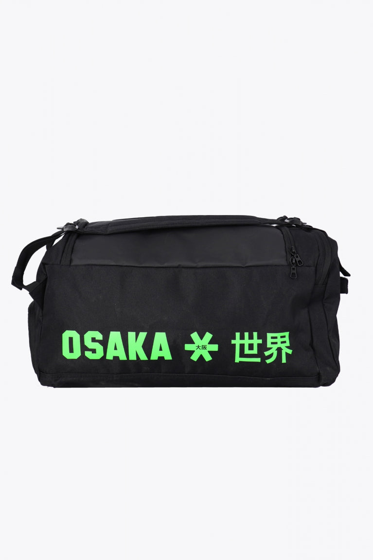 Osaka sports duffel bag in black with logo in green. Back view