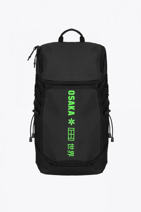 Osaka vision padel backpack in black with logo in green. Front view