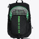 Osaka vision padel backpack in black with logo in green. Front view with padel racket in holder