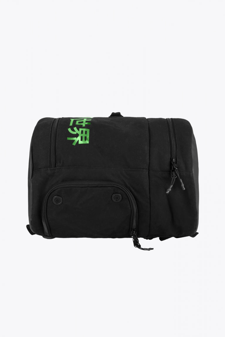 Pro Tour padel bag in black with logo in green. Side view