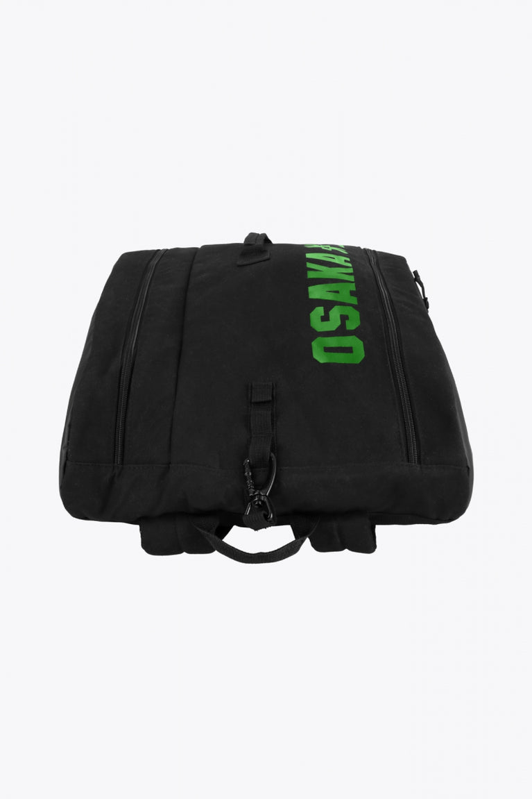  Pro Tour padel bag in black with logo in green. From above view