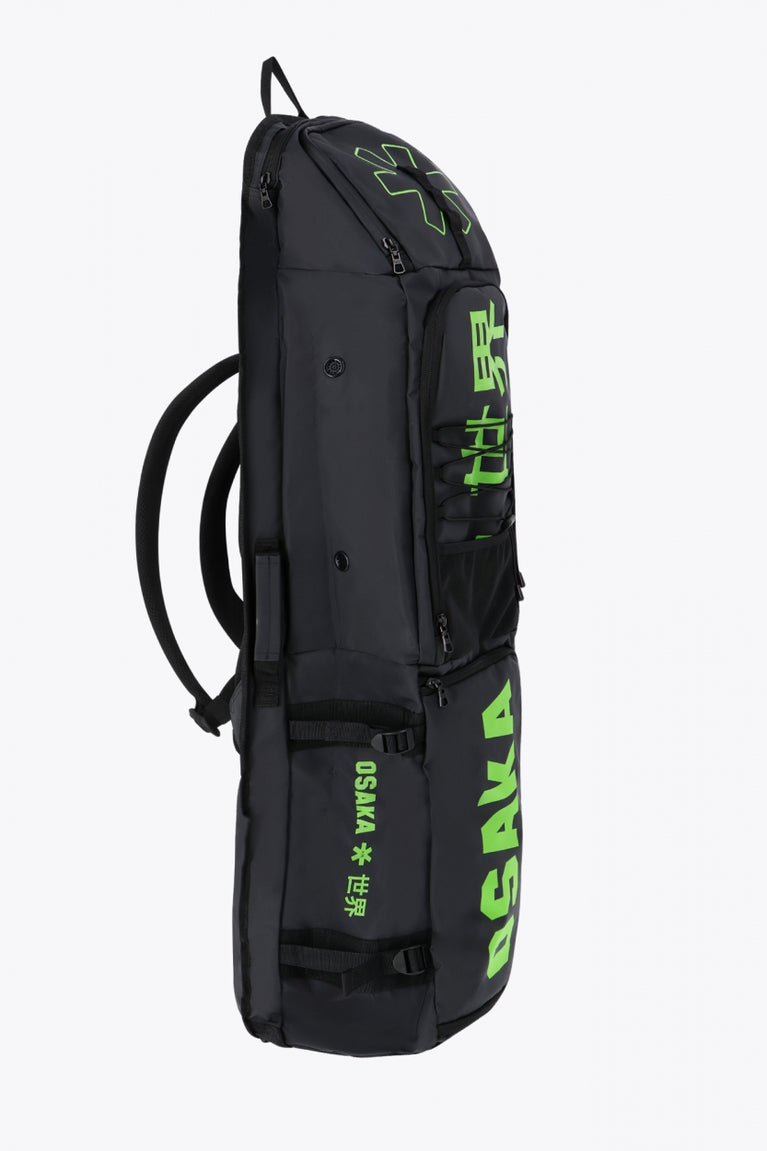 Pro Tour stickbag extra large in black with logo in green. Side view