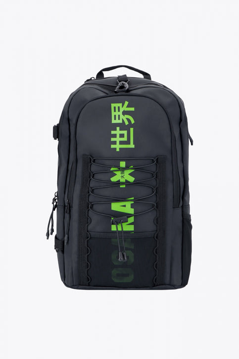 Osaka Pro Tour backpack in black with logo in green. Front view