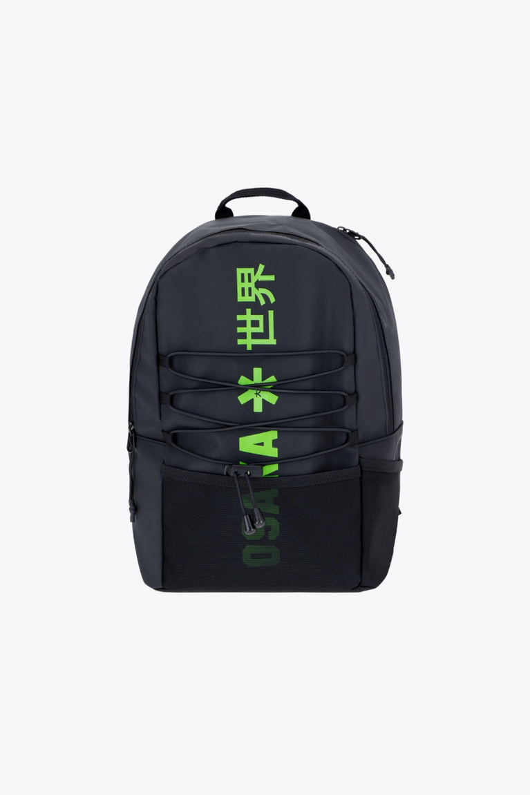 Osaka pro tour backpack compact in black with logo in green. Front view