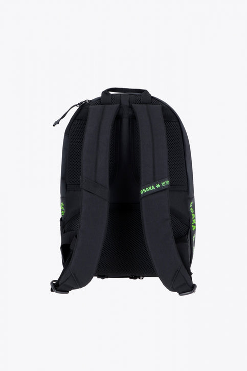 Osaka pro tour backpack compact in black with logo in green. Front view