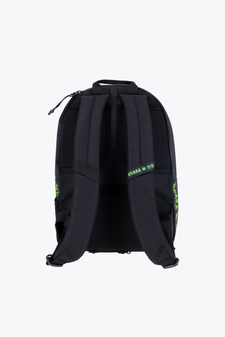 Osaka pro tour backpack compact in black with logo in green. Back view