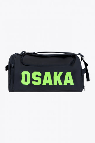 Osaka sports duffel bag in black with logo in green. Front view
