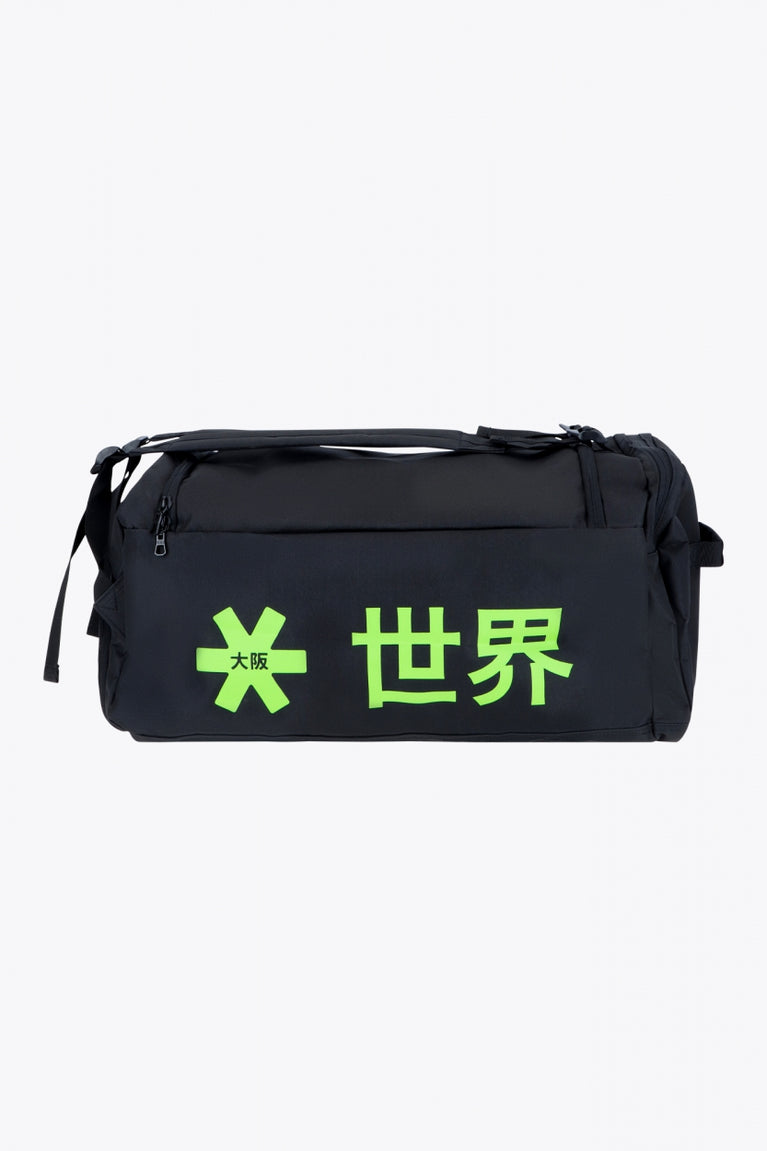 Osaka sports duffel bag in black with logo in green. Back view