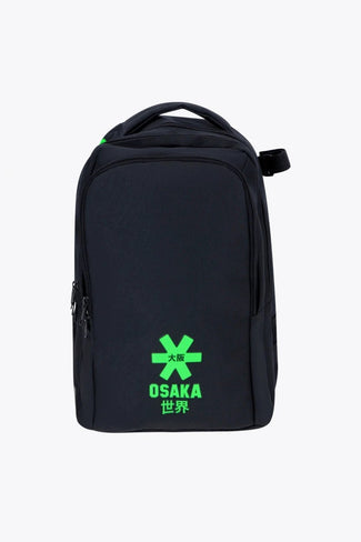 Farbiger Sportrucksack Osaka sports backpack in black with logo in green. Front view