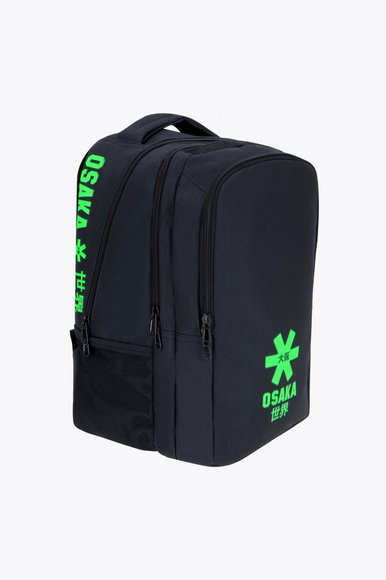 Osaka sports backpack in black with logo in green. Side view