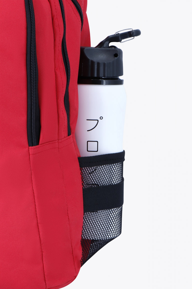 Osaka sports backpack in red with logo in white. Detail water bottle holder view