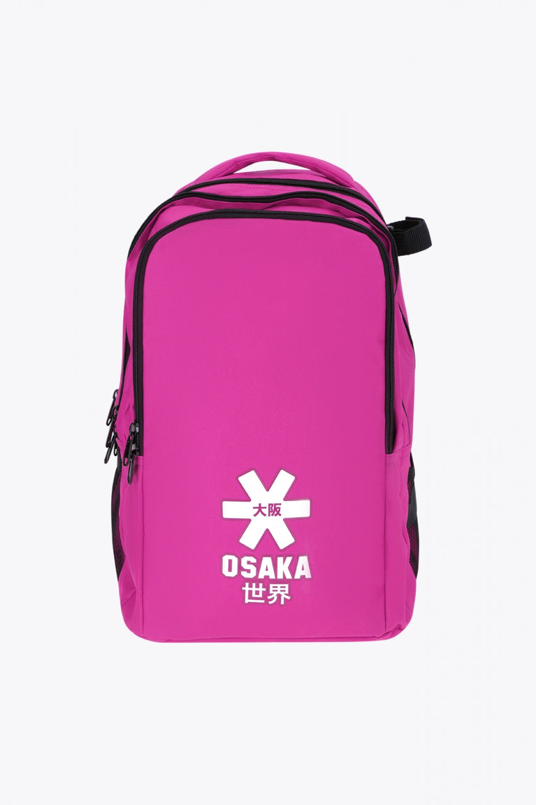 Osaka sports backpack in pink with logo in white. Front view