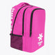 Osaka sports backpack in pink with logo in white. Side view