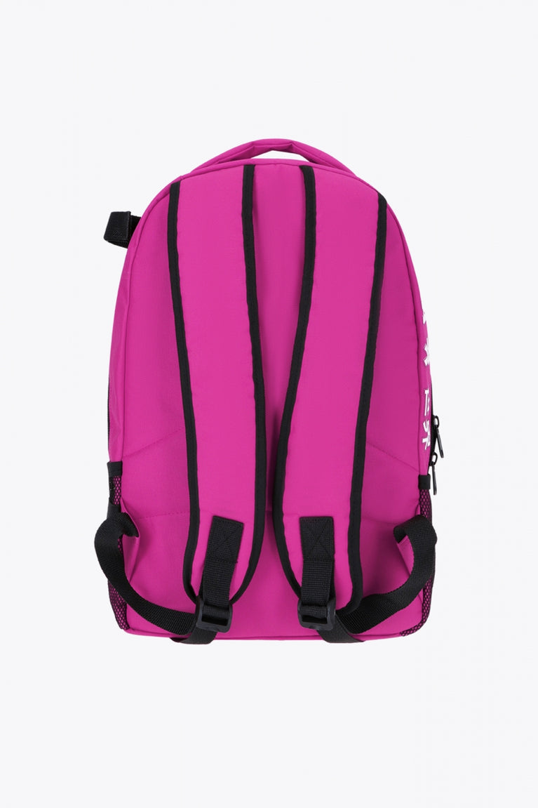 Osaka sports backpack in pink with logo in white. Back view