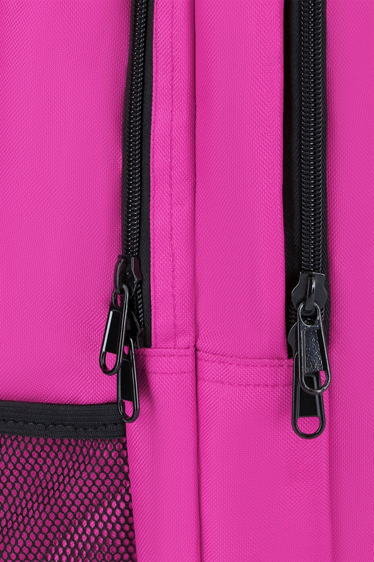 Osaka sports backpack in pink with logo in white. Detail zip view