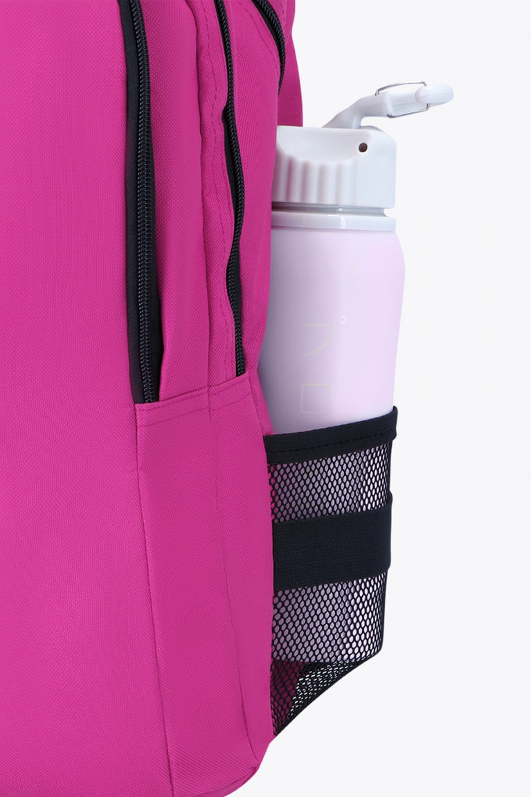 Osaka sports backpack in pink with logo in white. Detail water bottle holder view