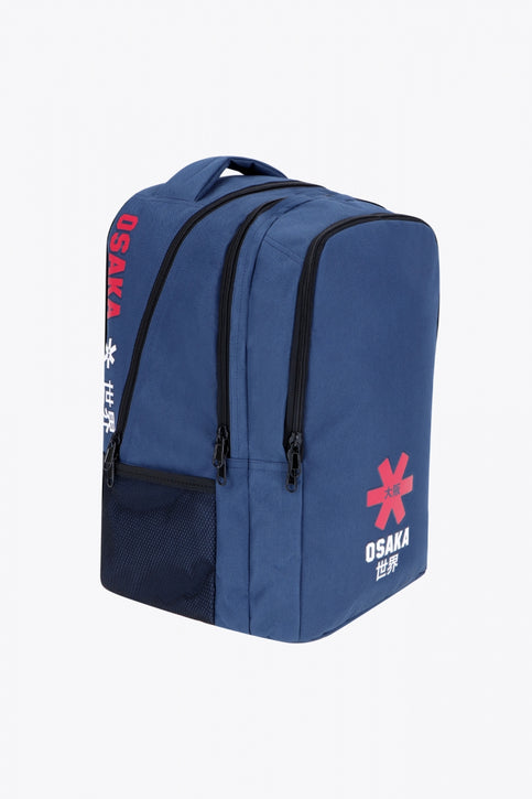 Osaka sports backpack in navy with logo in white and red. Front view