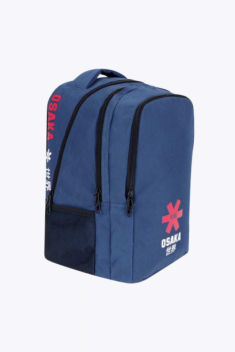 Osaka sports backpack in navy with logo in white and red. Side view