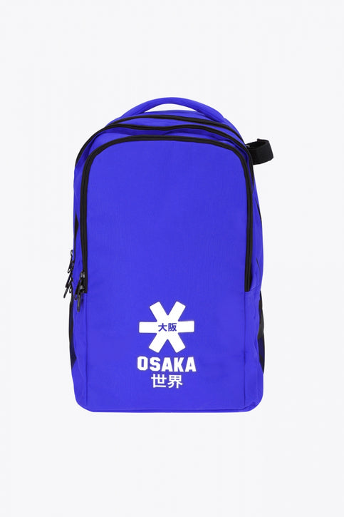 Osaka sports backpack in blue with logo in white. Front view