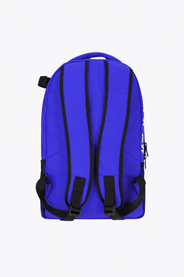 Osaka sports backpack in blue with logo in white. Back view