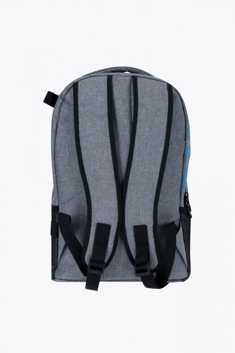 Osaka sports backpack in light grey with logo in blue. Back view