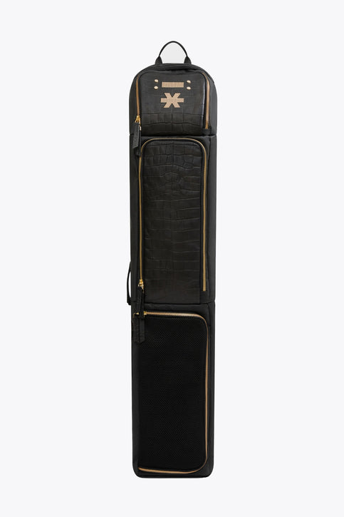 Osaka X Clio Goldbrenner medium hockey stickbag in black leather with logo in gold. Front view