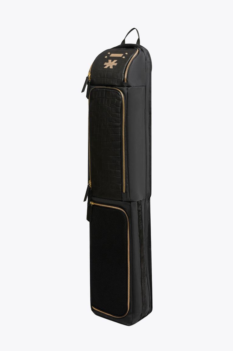 Osaka X Clio Goldbrenner medium hockey stickbag in black leather with logo in gold. Side view