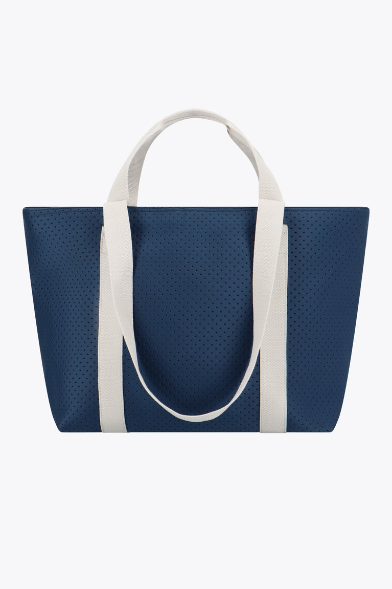 Osaka neoprene Tote bag in navy with structure and logo in white. Back view