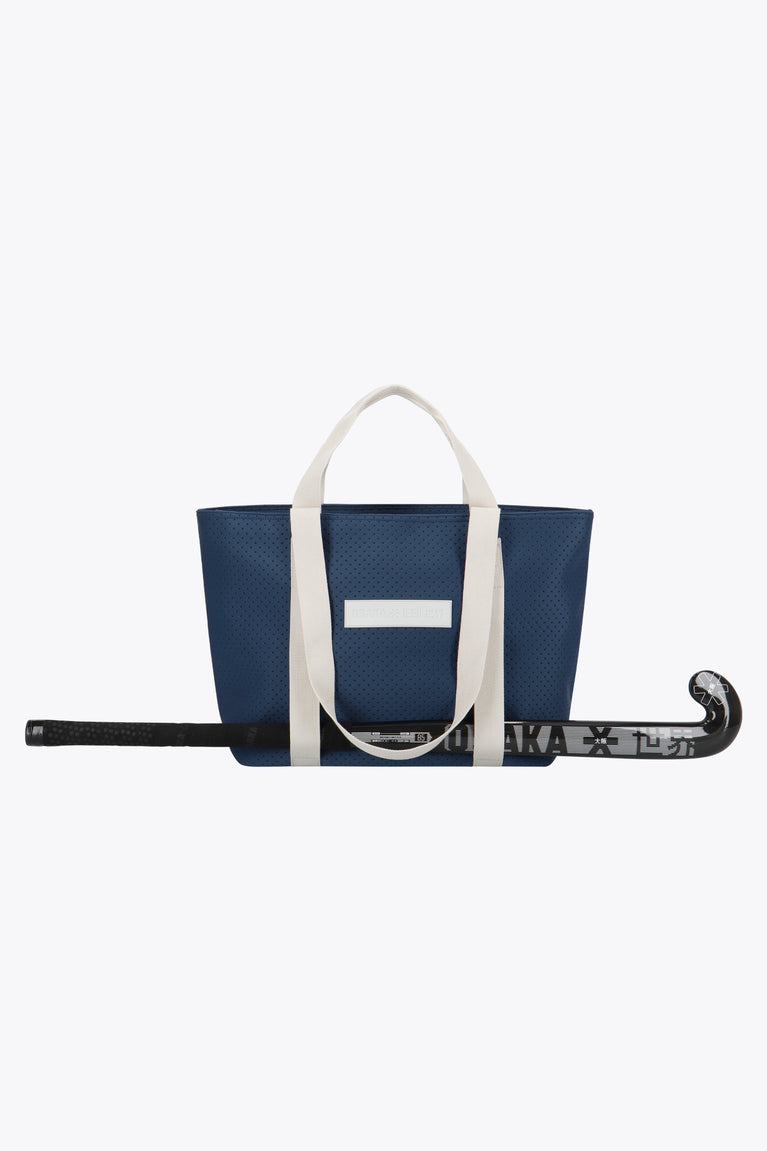 Osaka neoprene Tote bag in navy with structure and logo in white. Front view