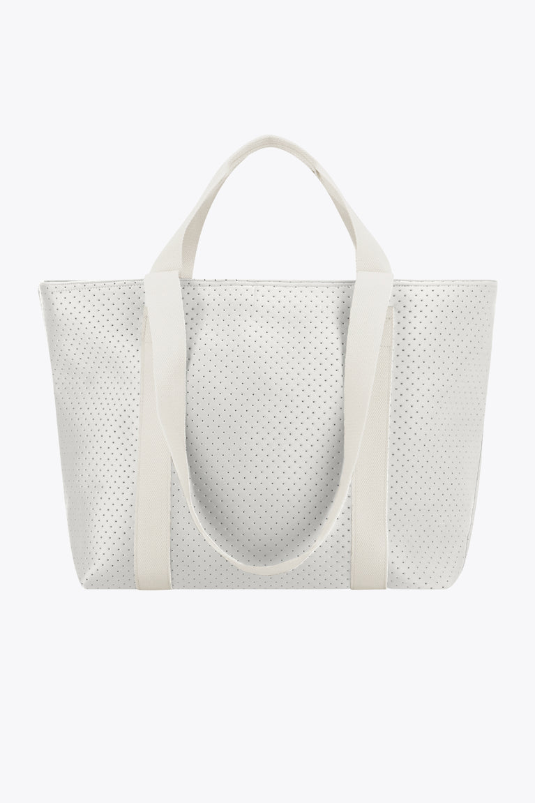 Osaka neoprene Tote bag in light grey with structure and logo in white. Back view