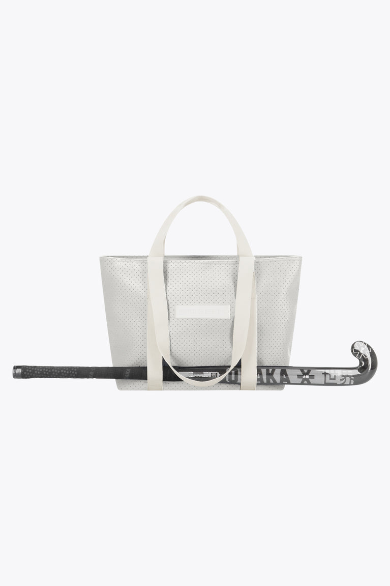 Osaka neoprene Tote bag in light grey with structure and logo in white. Front view