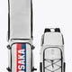 Modular stickbag with Osaka red/blue side stripe; light gray-white body and black straps.