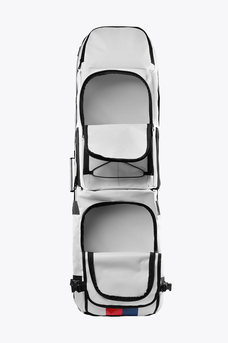 Modular stickbag, top-front view: light gray-white with black trim and two front panels.