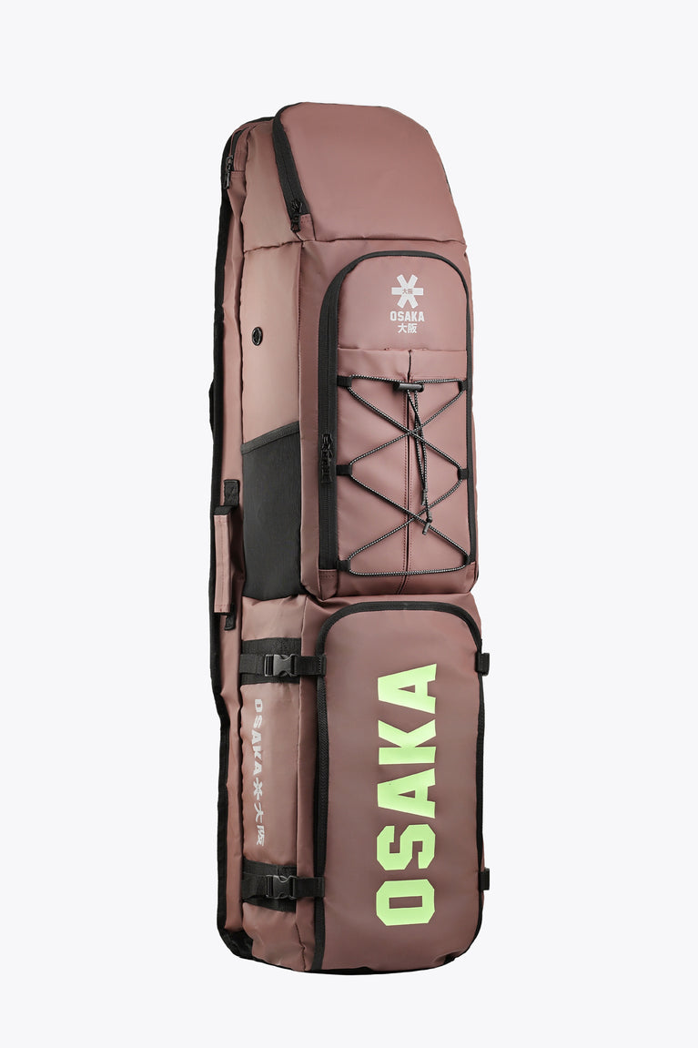 Large Osaka stick bag in peppercorn brown with front panels and Osaka logo print.