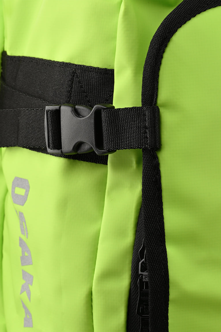Wild lime Osaka stickbag close-up of webbing belt and buckle with black carry strap