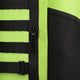 Stickbag close-up: black zipper track and wide black stripe straps on lime fabric