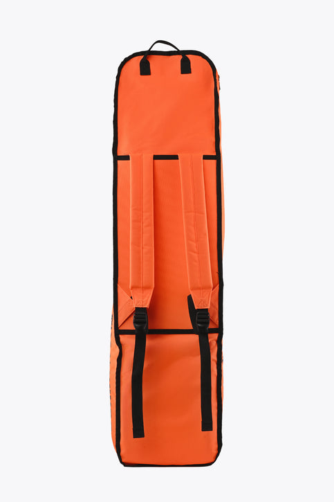 Orange stick sports stickbag with black trim and two front padded compartments