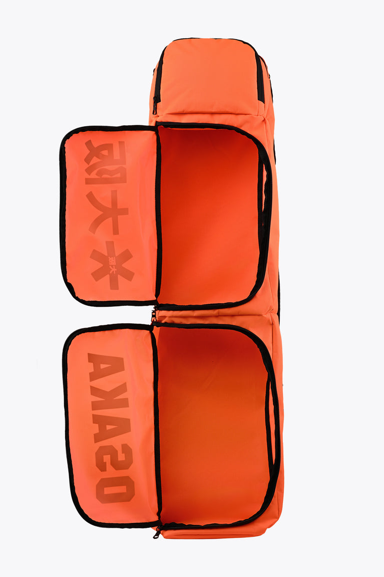 Orange large stickbag with two stacked front panels and black piping