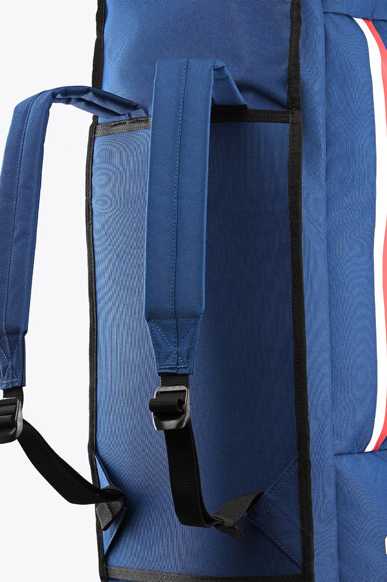 Blue large stick bag interior with black straps and padded back panel close-up