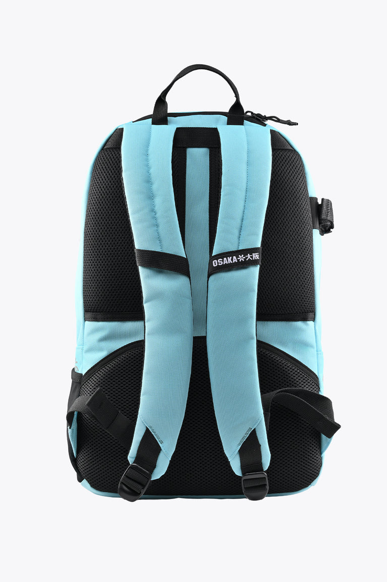 Light blue sports backpack with breathable black back panels and adjustable shoulder straps
