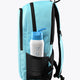 Light blue sports backpack with front bottle holder and water bottle